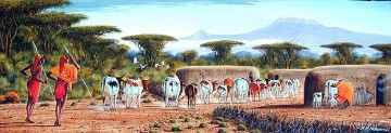 Ndeveni Maasai Moran y vacas en Manyatta Enormes de África Pinturas al óleo